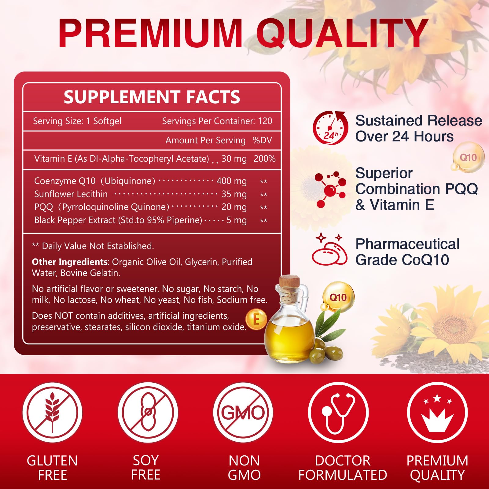 NATURE TARGET CoQ10 400mg + PQQ with Vitamin E & Organic Olive Oil | High-Absorption, 120 Servings