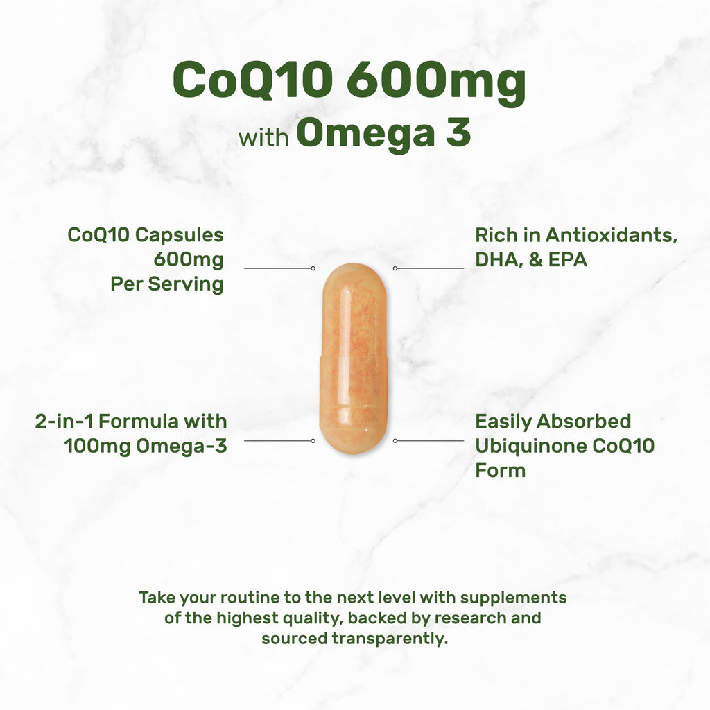CoQ10 600mg, 120 Capsules – Omega 3 100mg – Max Strength, Bioavailable CoQ10 – Heart, Energy & Brain Health – Non-GMO