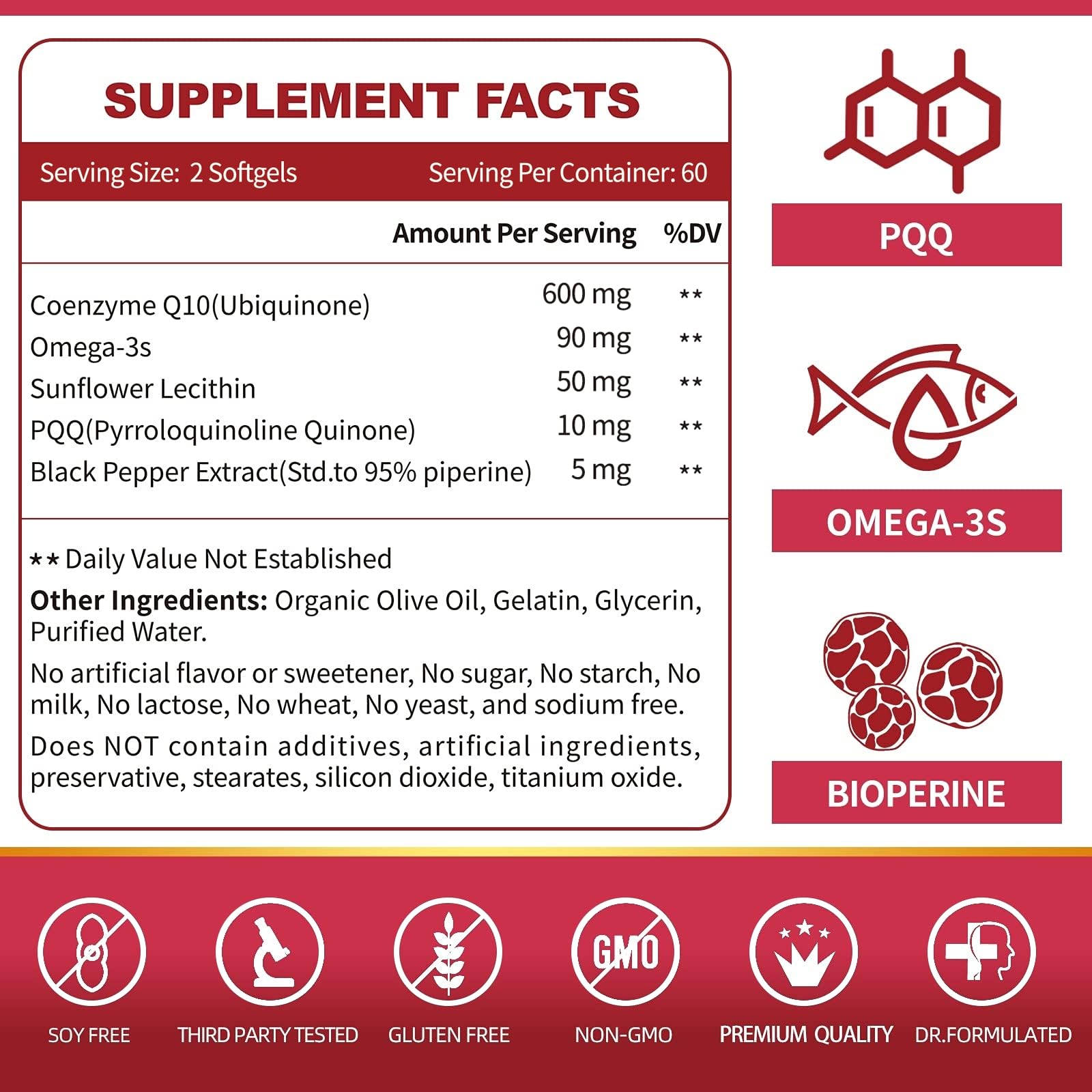 CoQ10 600mg Softgels - Extra Strength CoQ10 with Omega-3, PQQ & BioPerine (120 Softgels)