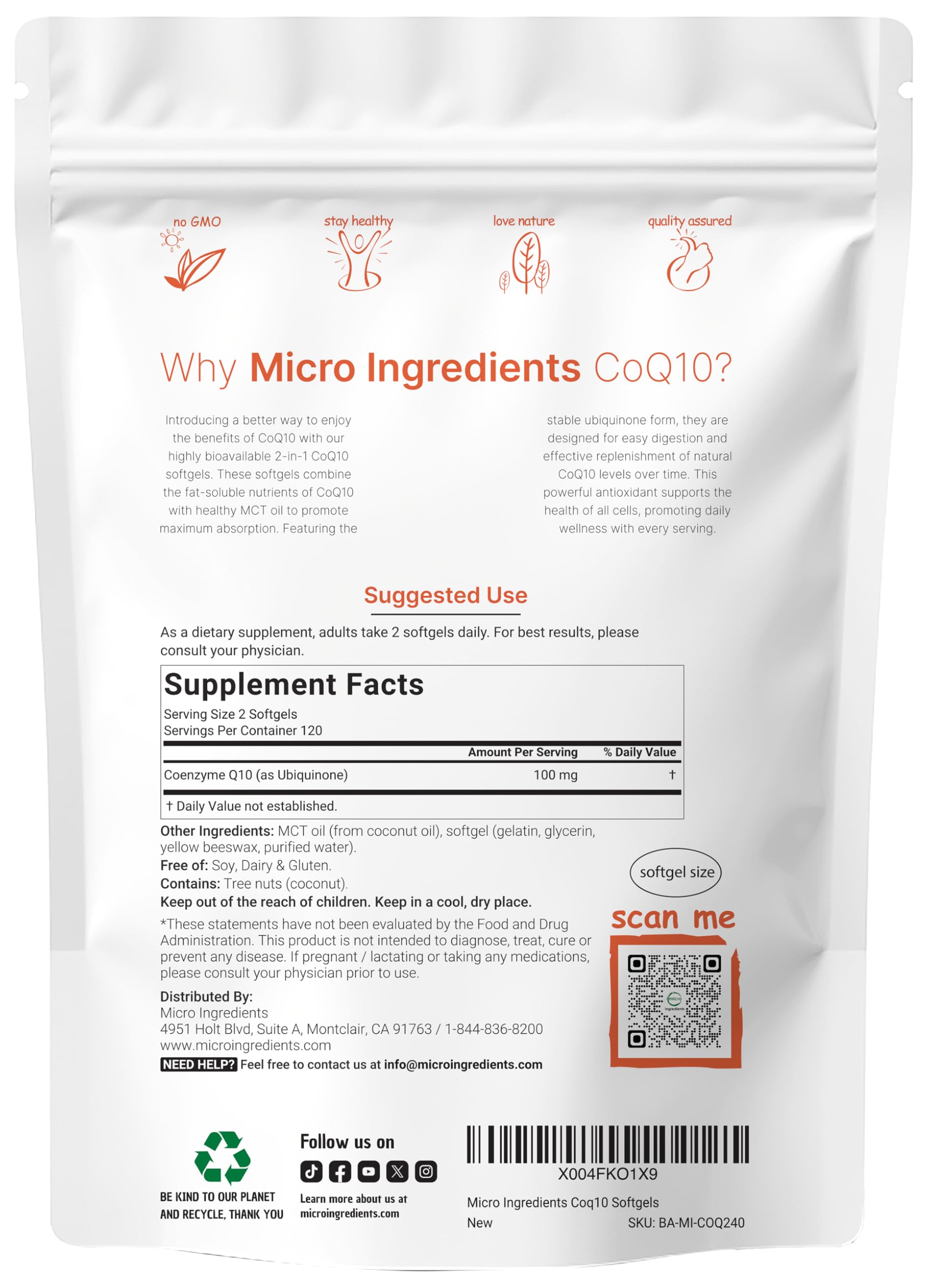Micro Ingredients CoQ10 100mg Per Serving | 240 Softgels Made with Coconut MCT Oil | High Absorption Coenzyme Q10 as Ubiquinone | Antioxidant Support for Heart & Energy Health | Non-GMO