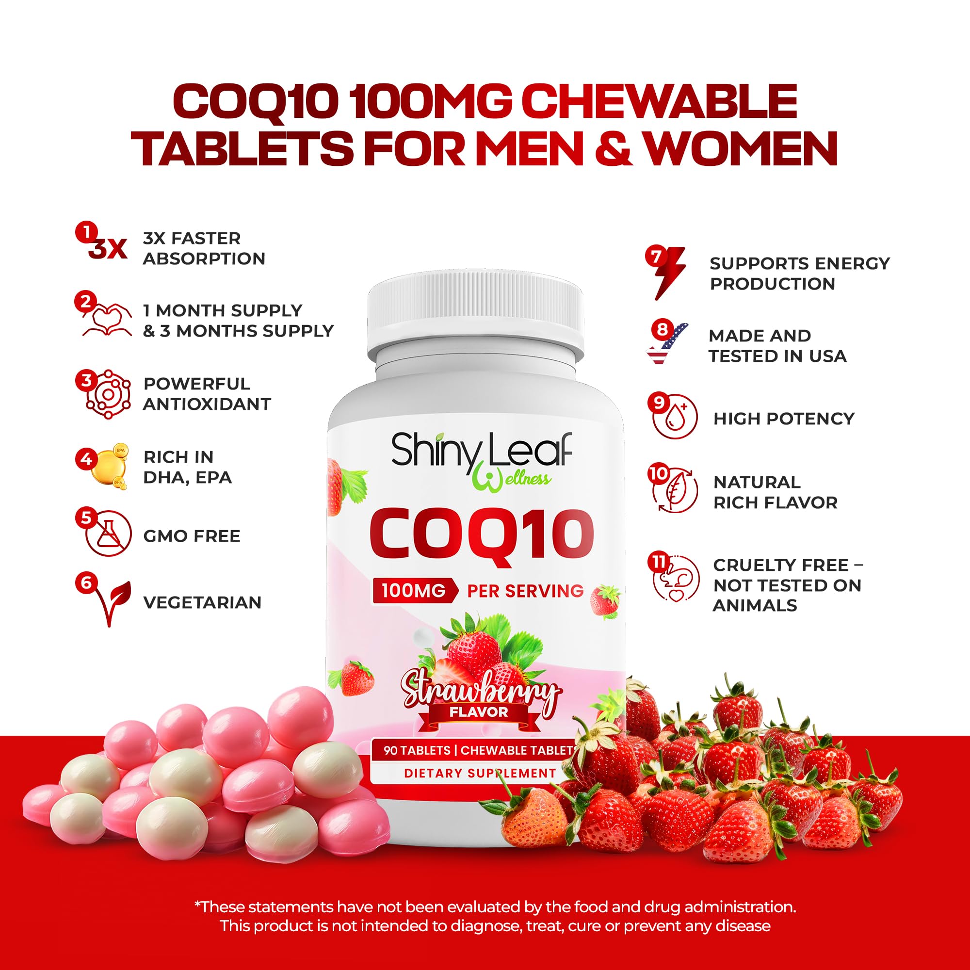 Shiny Leaf CoQ10 100mg Chewable – Heart Health & Energy, 90 Tabs, Made in USA