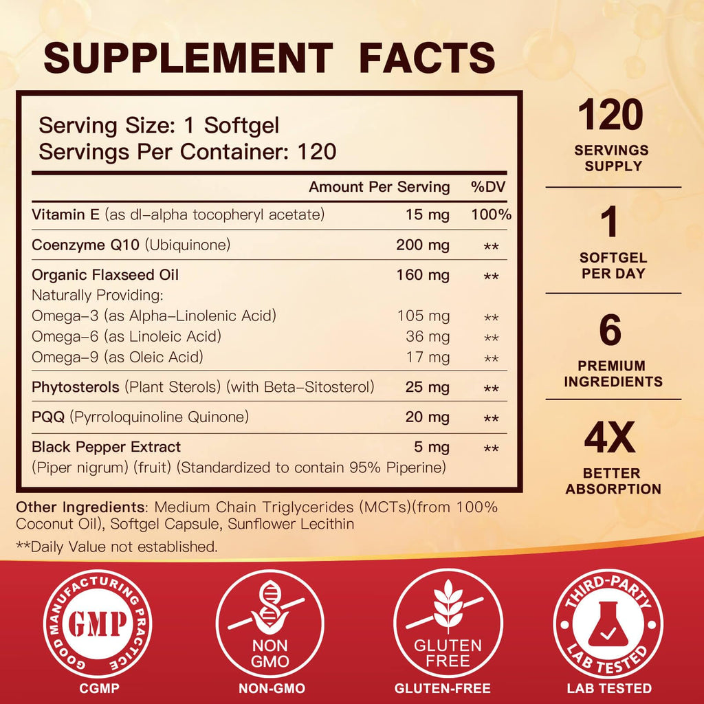 CoQ10 200mg Softgels with Vitamin E, Omega 3-6-9, PQQ | High Absorption Bioperine | Heart & Cellular Energy - 120 Servings