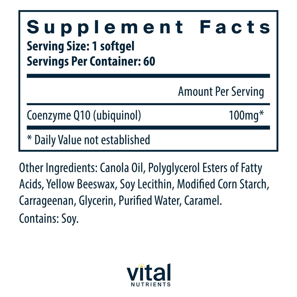 Vital Nutrients Ubiquinol CoQ10 100mg – Activated CoQ10 for Heart & Brain Health | Gluten & Dairy Free | 60 Softgels