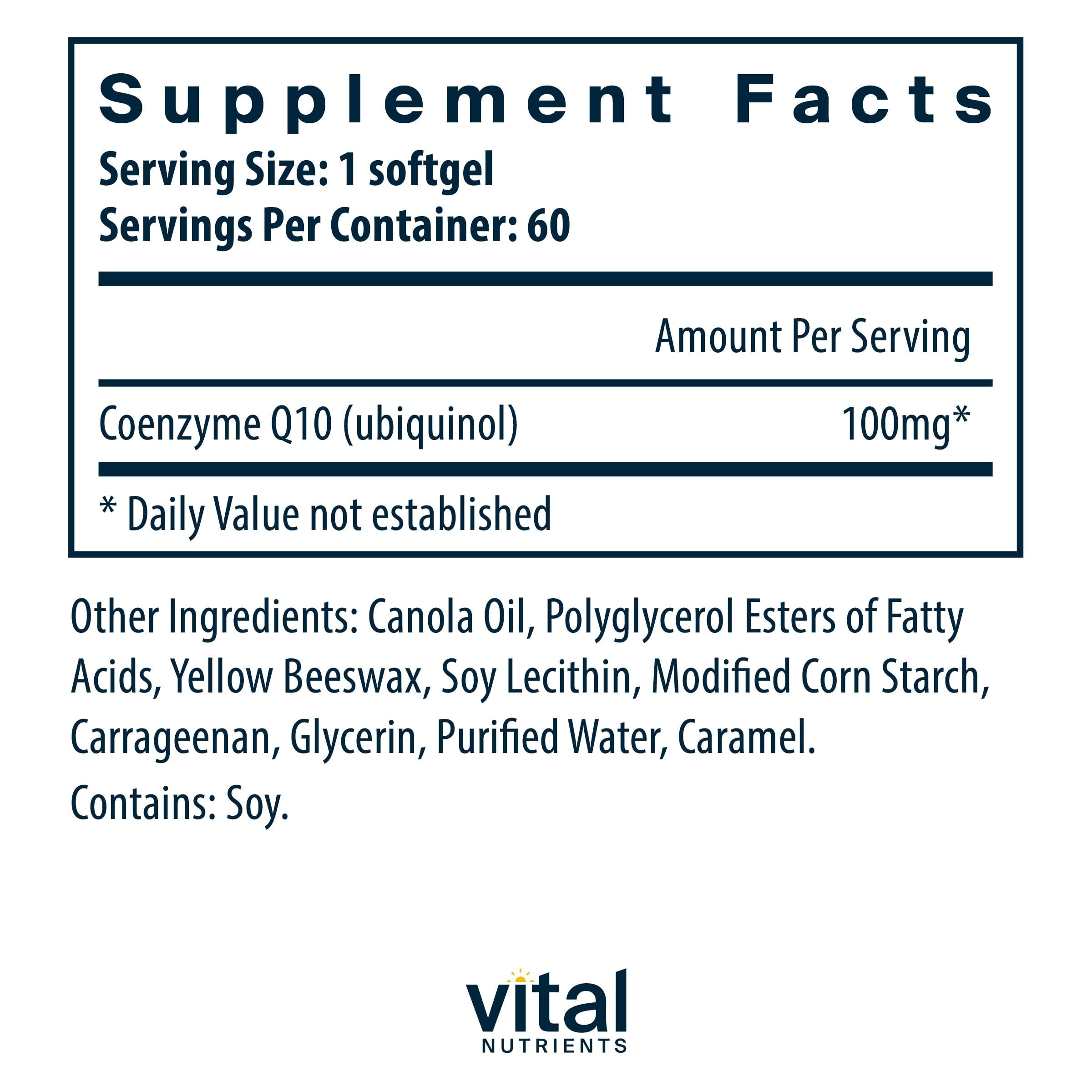 Vital Nutrients Ubiquinol CoQ10 100mg – Activated CoQ10 for Heart & Brain Health | Gluten & Dairy Free | 60 Softgels