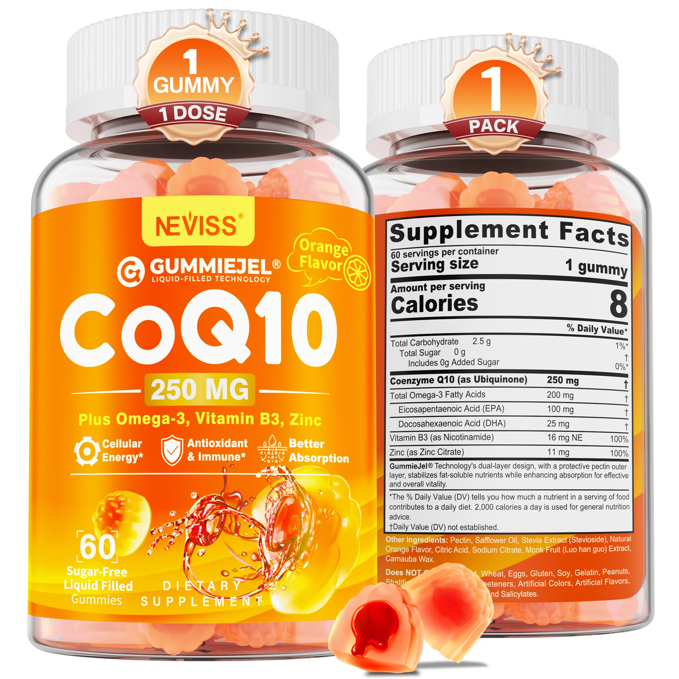 Sugar-Free CoQ10 Gummies 250mg / 500mg | Omega-3 EPA + DHA, Vitamin B3 & Zinc | Vegan 60-Count | Heart Health & Cellular Energy