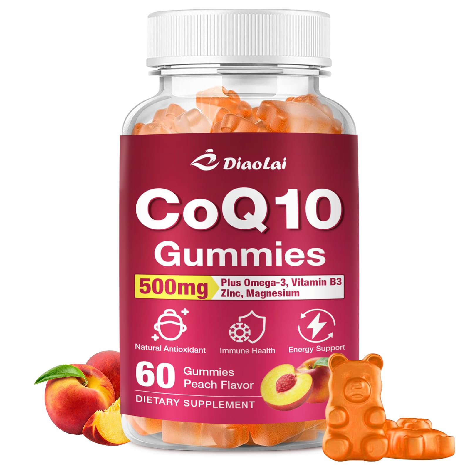CoQ10 Gummies 500mg + Omega-3 EPA/DHA | Immune & Energy Support – Orange Flavor | Non-GMO, Gluten-Free | 60 Count