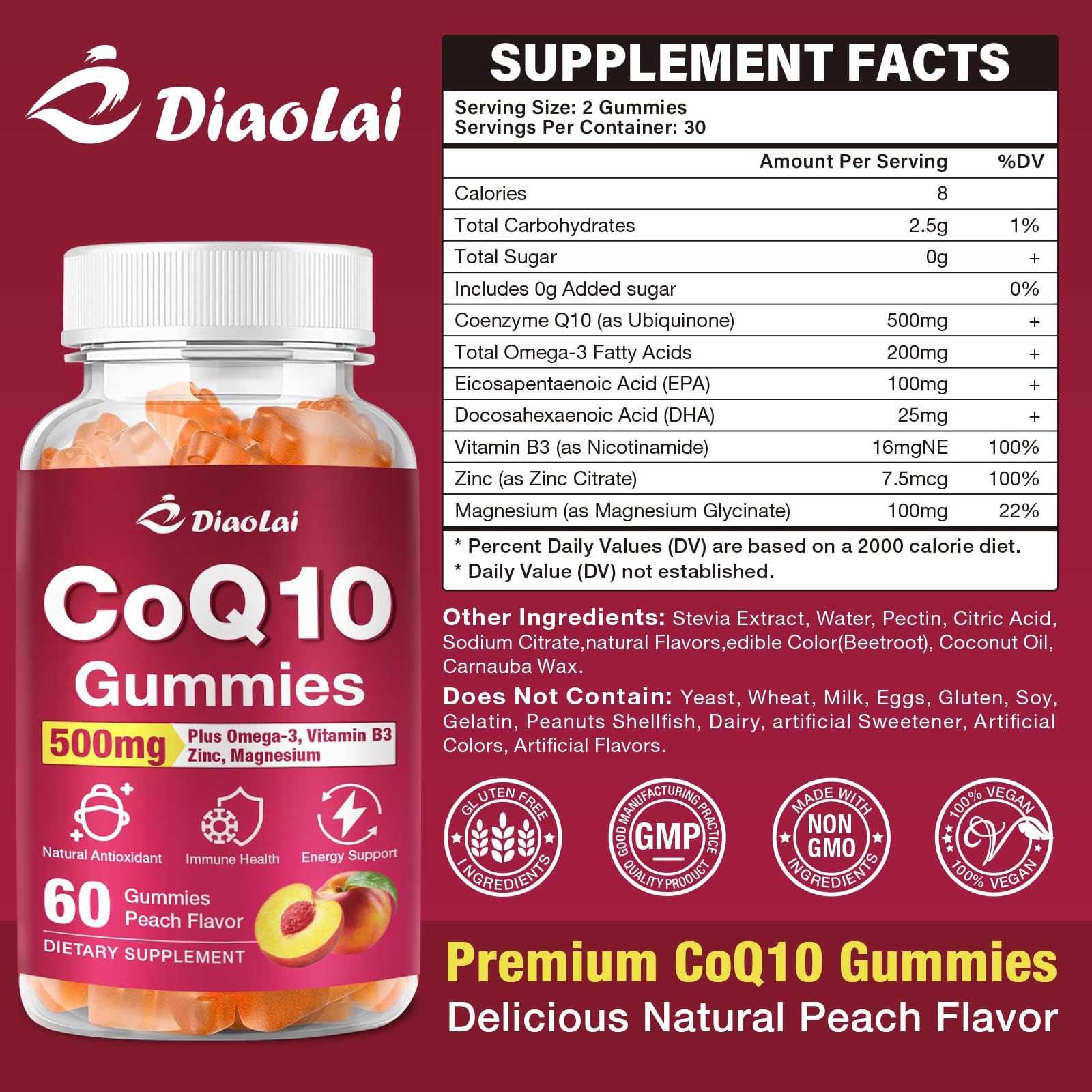 CoQ10 Gummies 500mg + Omega-3 EPA/DHA | Immune & Energy Support – Orange Flavor | Non-GMO, Gluten-Free | 60 Count