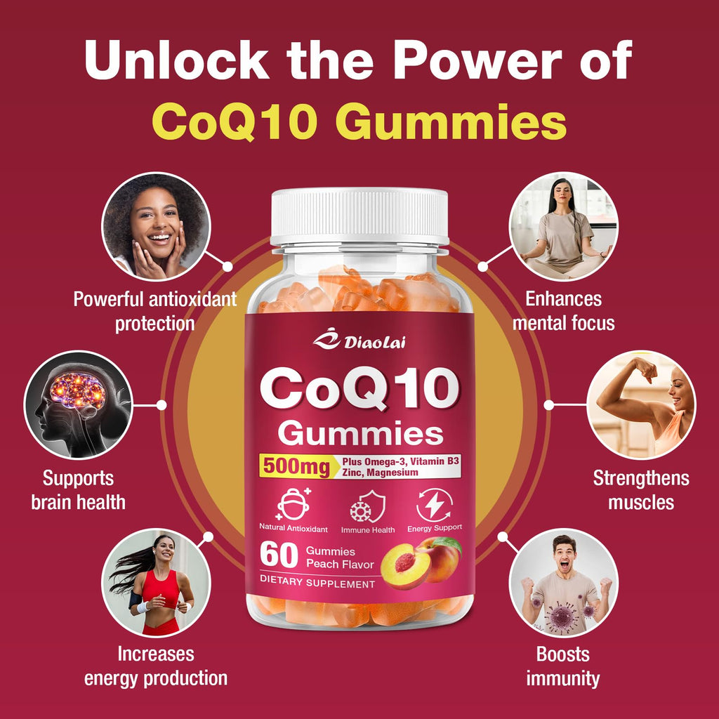 CoQ10 Gummies 500mg + Omega-3 EPA/DHA | Immune & Energy Support – Orange Flavor | Non-GMO, Gluten-Free | 60 Count