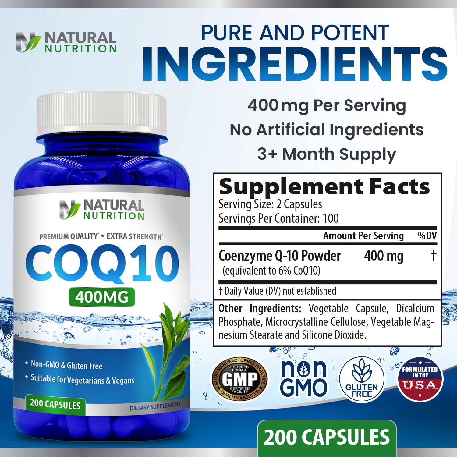 CoQ10 400mg – 200 Capsules | Maximum Strength, High Absorption, Gluten Free, Non-GMO