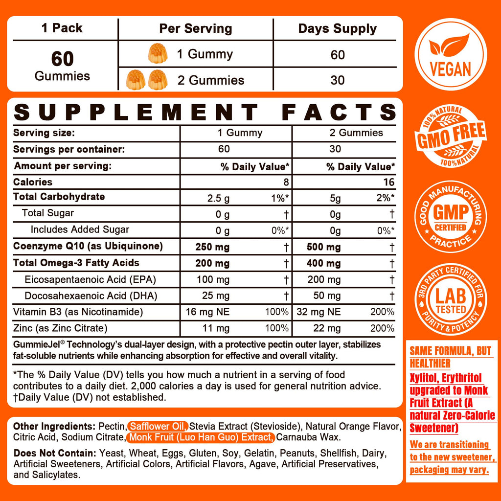 Sugar-Free CoQ10 Gummies 250mg / 500mg | Omega-3 EPA + DHA, Vitamin B3 & Zinc | Vegan 60-Count | Heart Health & Cellular Energy