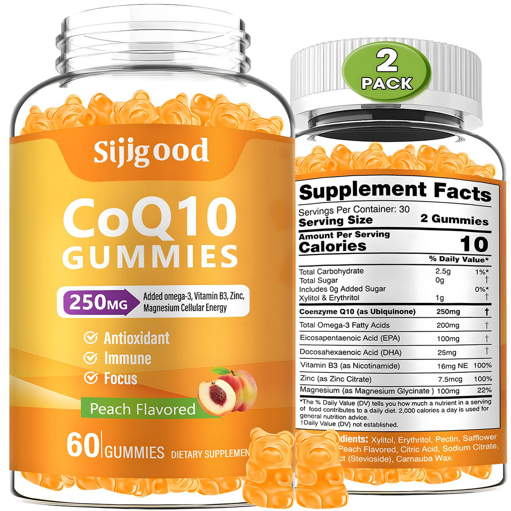 2 Pack CoQ10 Gummies with Omega-3, Vitamin B3, Zinc & Magnesium – 5X High Absorption CoQ10, Peach Flavor, 120 ct