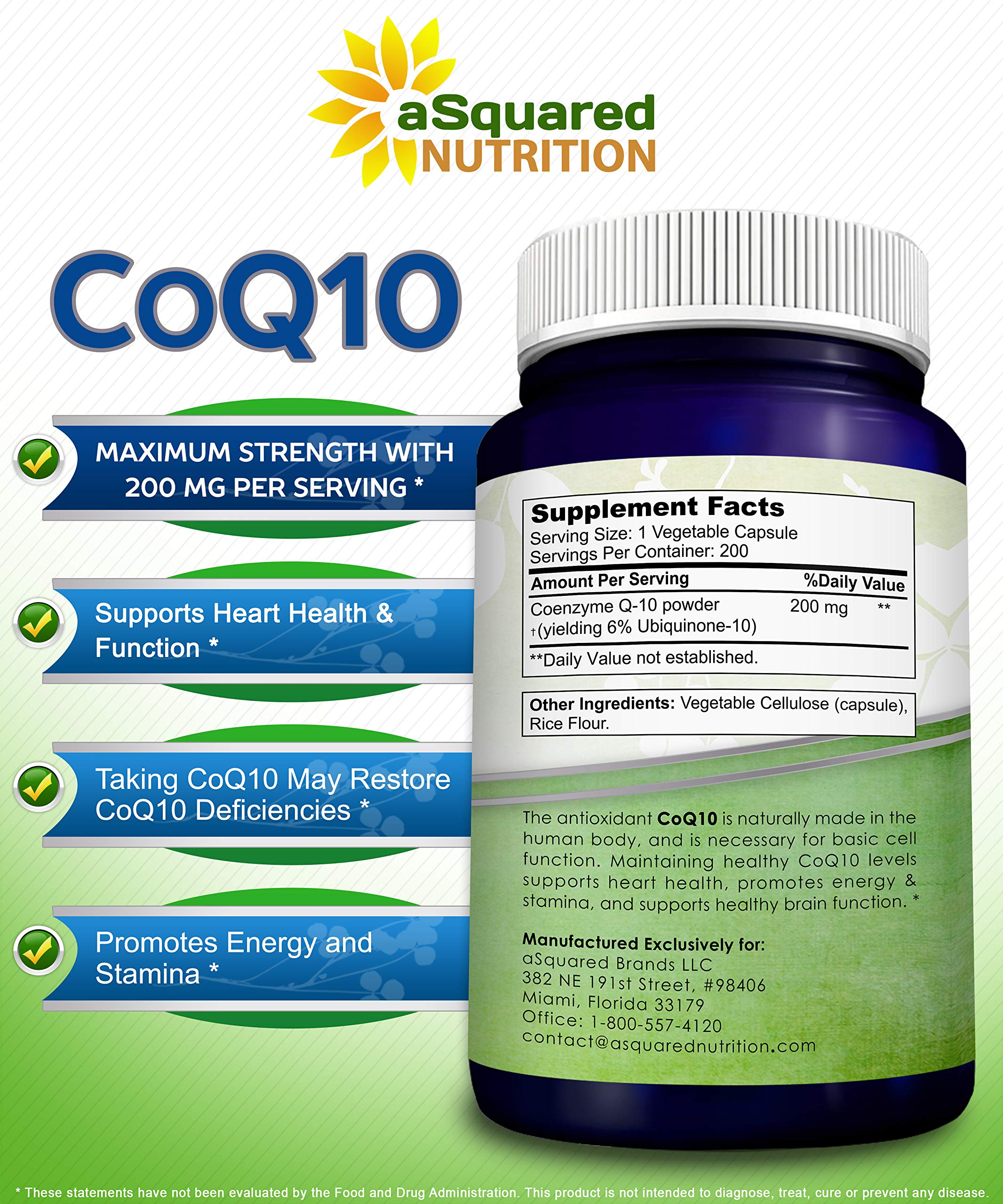 aSquared Nutrition CoQ10 (200 Capsules, 200mg) – High-Absorption Vegan CoQ10 (Ubiquinone) Supplement