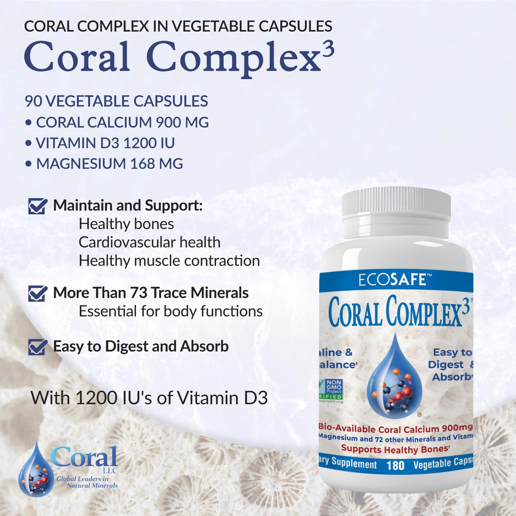 Coral Complex 3: Coral Calcium 900 mg, Vitamin D3 1200 IU, Magnesium 168 mg – 180 Vegetarian Capsules