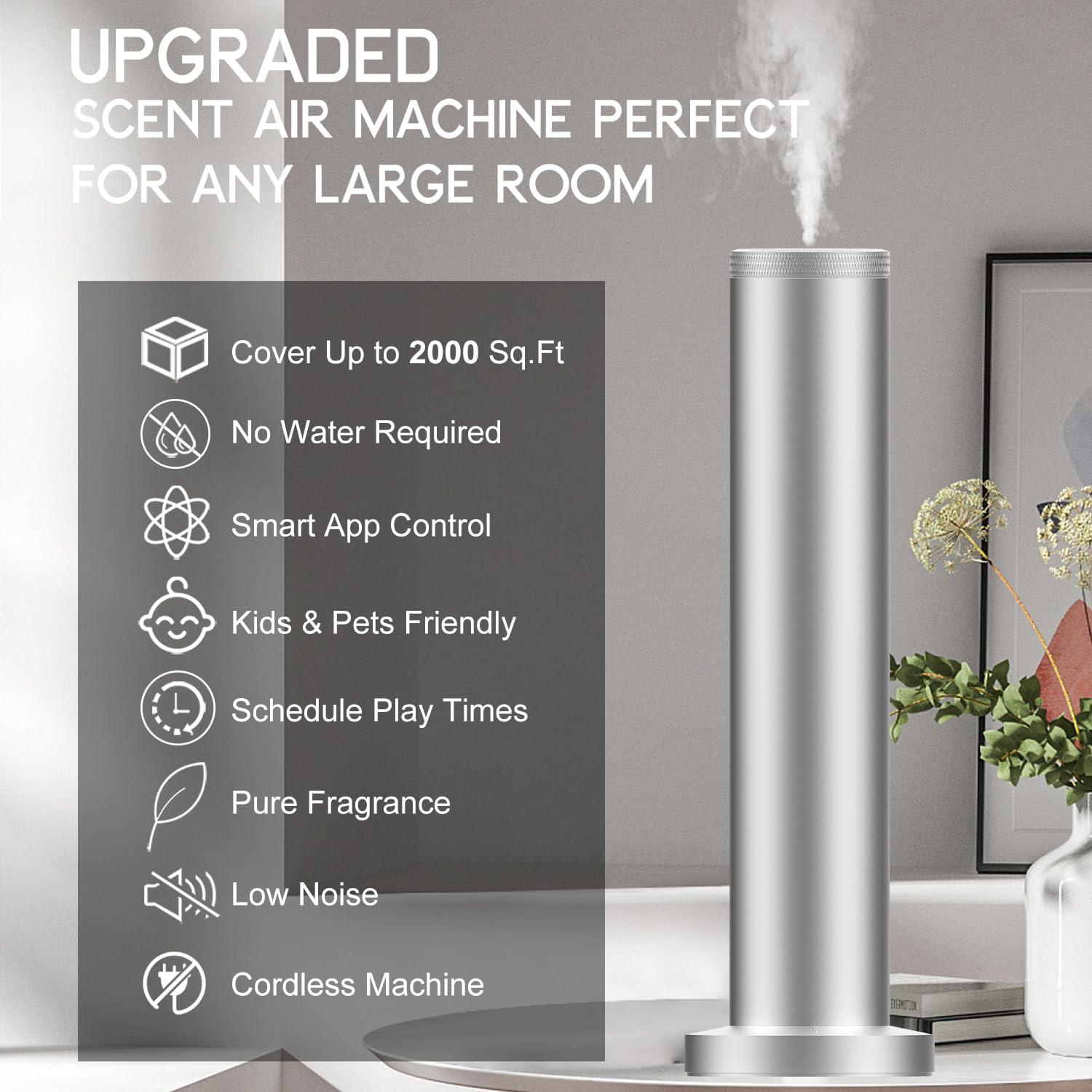2025 Upgraded Cordless Rechargeable Diffuser with Bluetooth App Control - Large Room Scent Diffuser (Silver)