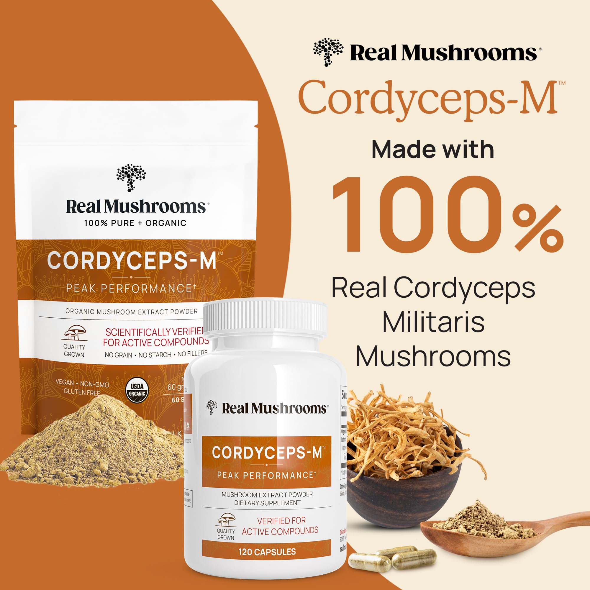 Cordyceps Capsules | Real Mushrooms 8% Beta-Glucans | Vegan & Non-GMO | 120 ct