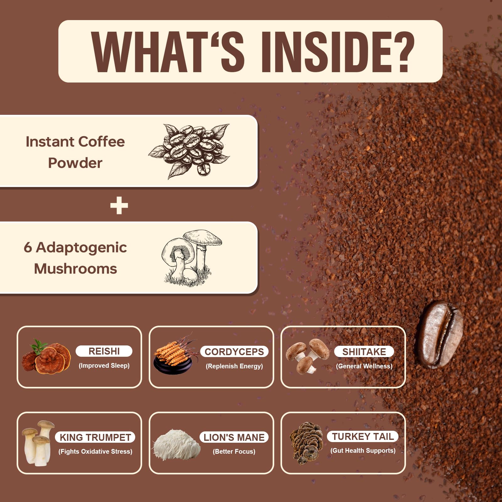 Mushroom Coffee with 6 Adaptogenic Mushrooms & MCT Oil – 30 Servings