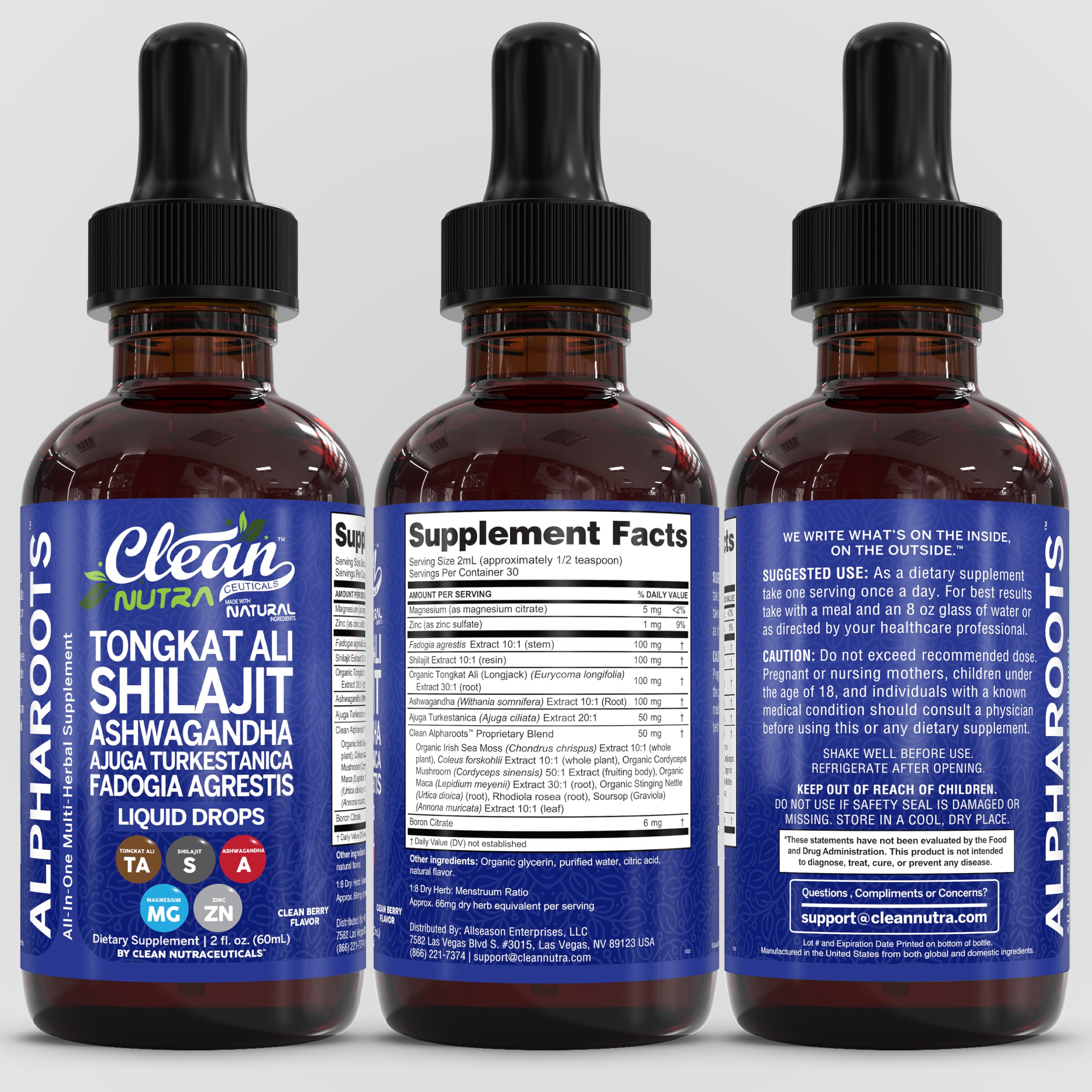Tongkat Ali Liquid Drops with Shilajit, Ashwagandha, Turkesterone, Fadogia Agrestis, Magnesium, Irish Sea Moss and Zinc | Clean Nutra