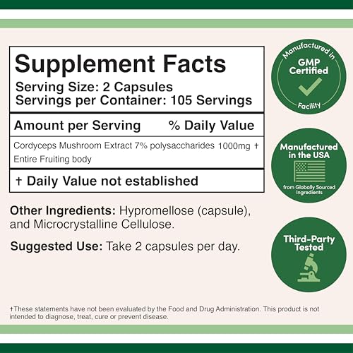 Cordyceps Capsules 210 Count | 1,000mg | 7% Polysaccharides | Double Wood