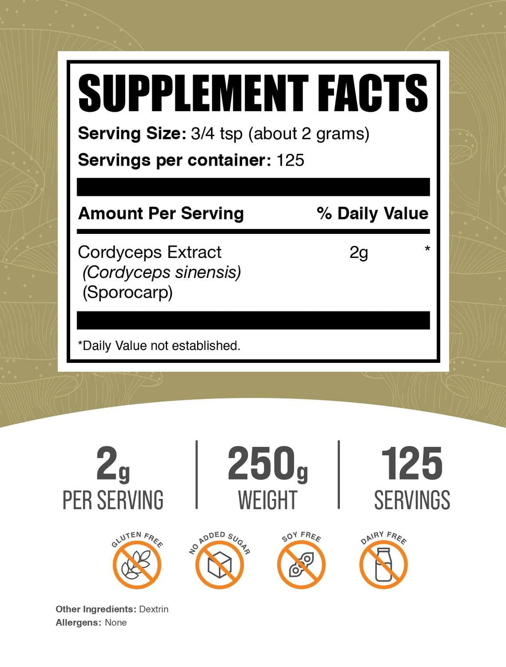 Cordyceps Mushroom Extract Powder – Cordyceps Sinensis, Vegan & Gluten Free | 2g per Serving, 250g | BulkSupplements.com