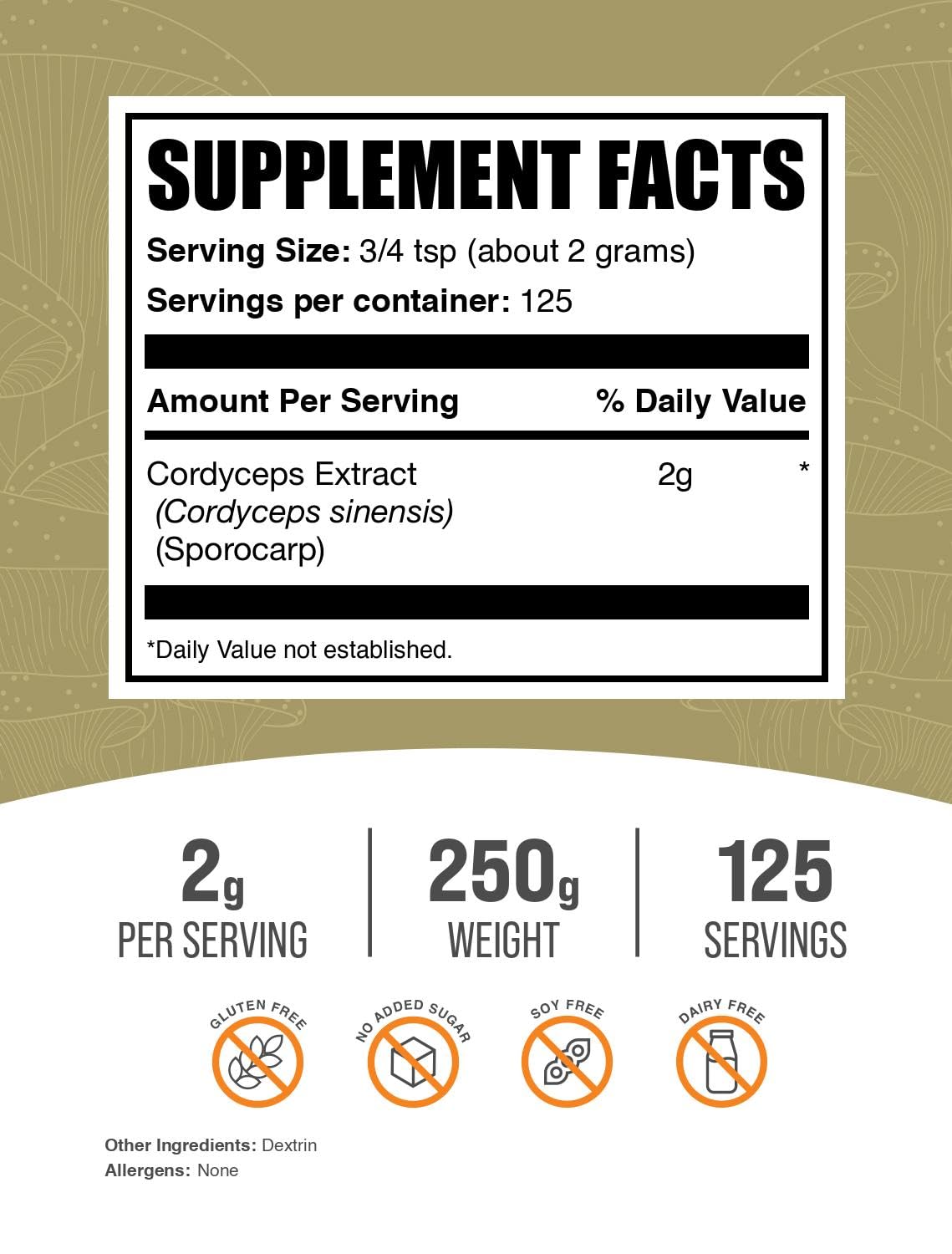 Cordyceps Mushroom Extract Powder – Cordyceps Sinensis, Vegan & Gluten Free | 2g per Serving, 250g | BulkSupplements.com