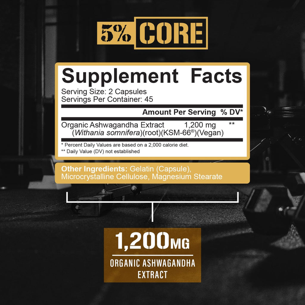 5% Nutrition Core KSM-66 Ashwagandha | 1,200mg Organic Root Extract | High Potency 5% Withanolides (90 Capsules, 45 Servings)