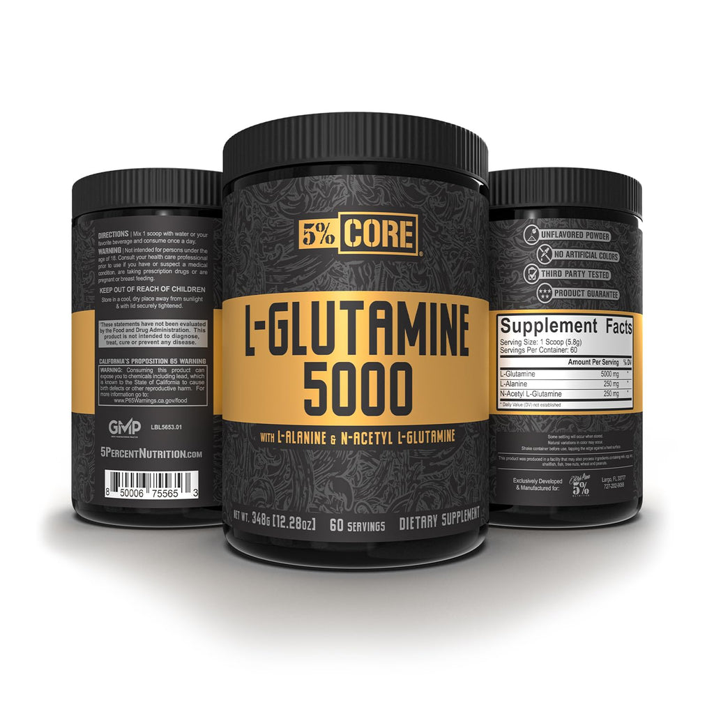 5% Nutrition Core L-Glutamine 5000 w/L-Alanine | Immune & Digestive Support | Post-Workout Recovery | Unflavored (60 Servings)