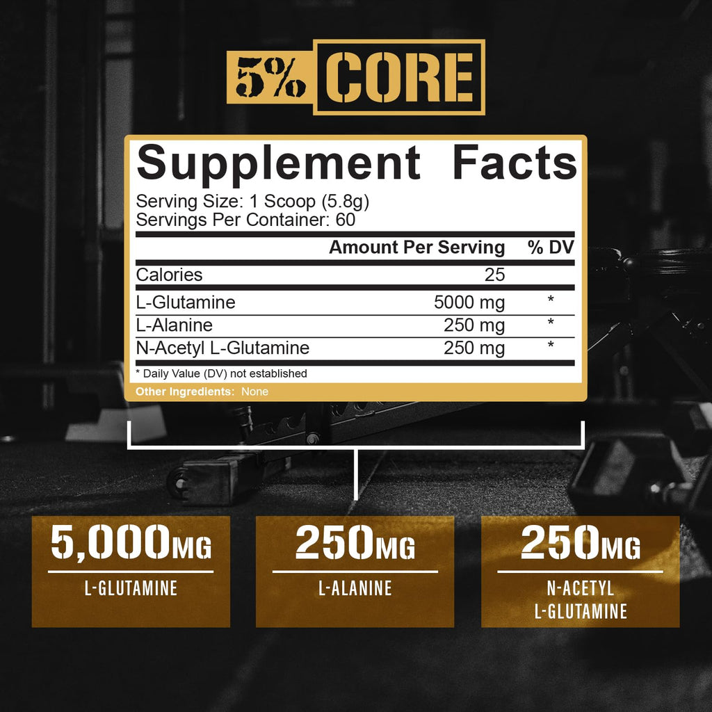 5% Nutrition Core L-Glutamine 5000 w/L-Alanine | Immune & Digestive Support | Post-Workout Recovery | Unflavored (60 Servings)