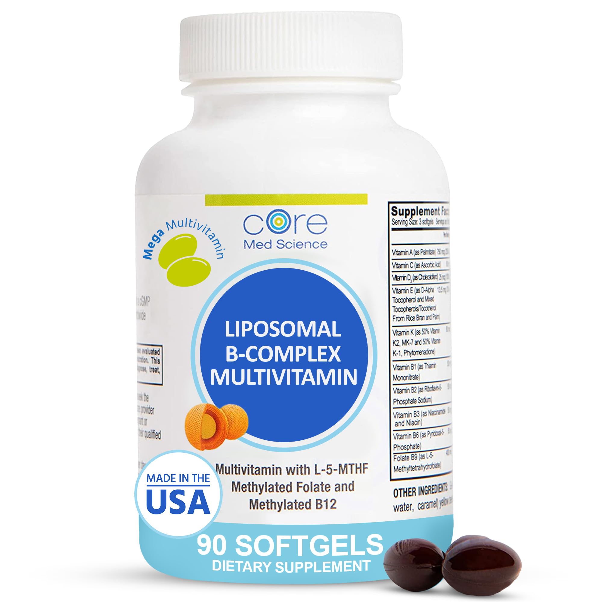 Core Med Science Liposomal Methylated B-Complex Multivitamin – 90 Softgels (Non-GMO) | Heart Health & Immune Support