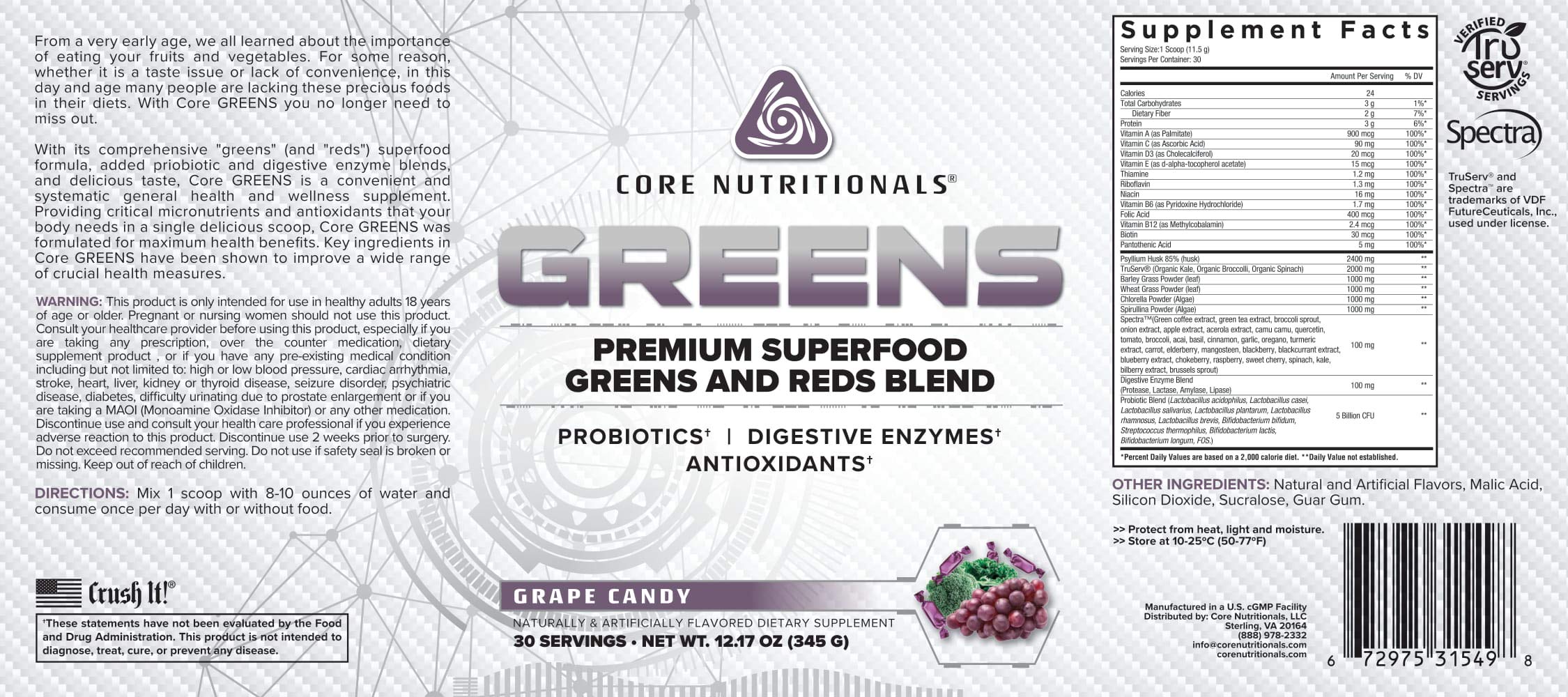 Core Nutritionals Greens – Premium Reds & Greens Superfood Blend | 30 Servings (Grape Candy)