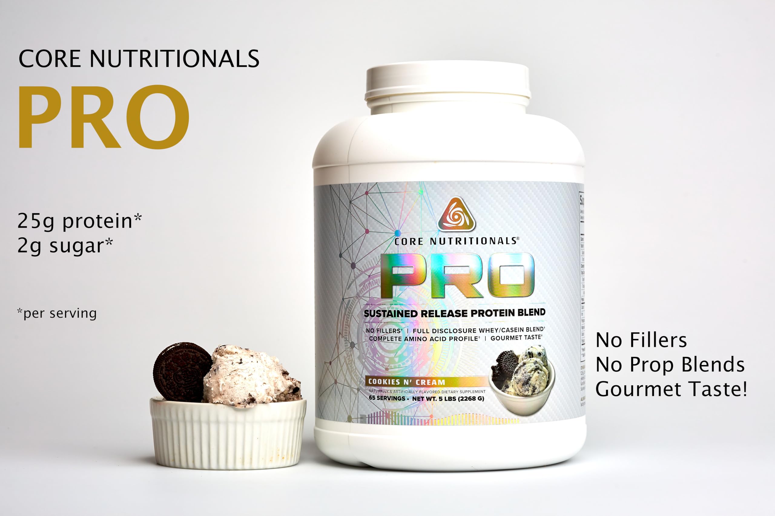 Core Nutritionals Pro Sustained Release Whey Protein Blend – Cookies N Cream, 25g Protein, 2g Carbs, Digestive Enzymes, 5 lb