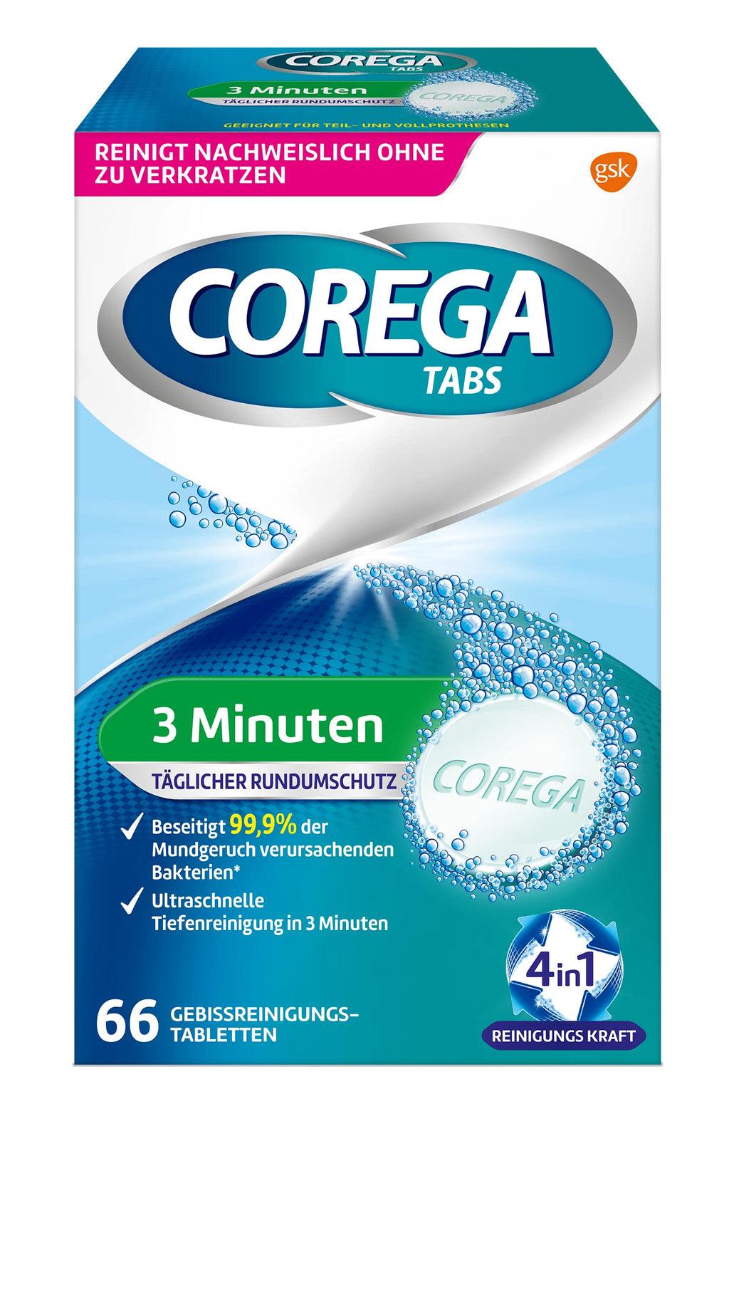Corega Rapid Denture Cleaning Tabs – 66 Tablets | Cleaning in 3 Minutes