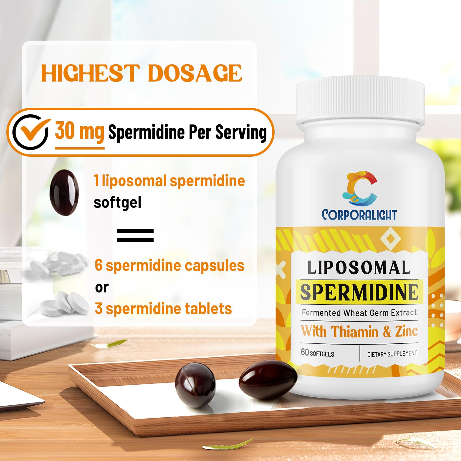 CORPORALIGHT 30mg Spermidine Supplement – High Absorption Liposome Delivery, Fermented Wheat Germ Extract, 180 Softgels