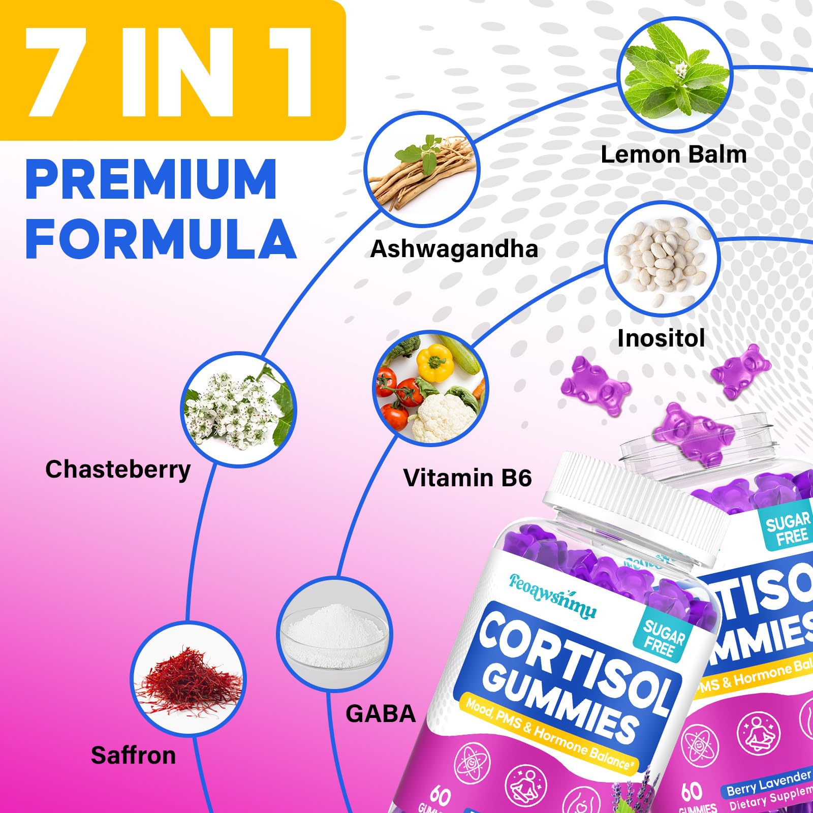 Cortisol Reducer for Women – Ashwagandha, GABA, Saffron, 60 Vegan Gummies