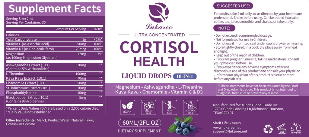 Cortisol Supplements for Women & Men | 10-in-1 Detox Manager, Blueberry (2 fl oz)