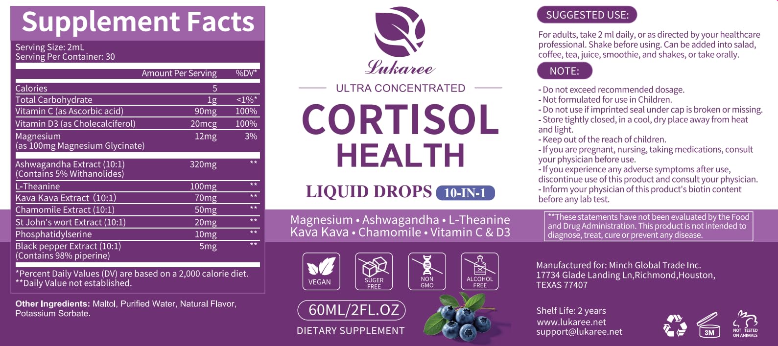 Cortisol Supplements for Women & Men | 10-in-1 Detox Manager, Blueberry (2 fl oz)