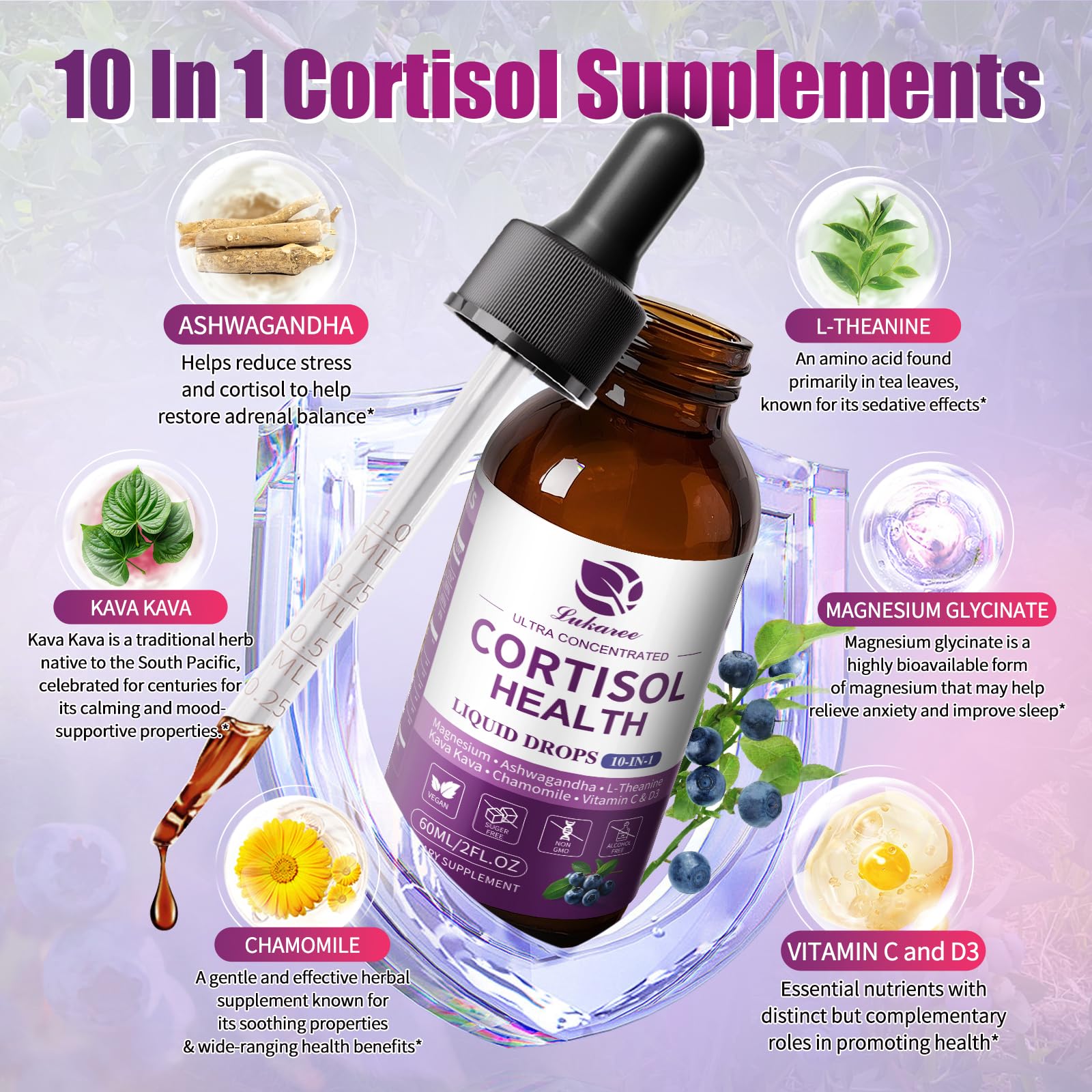 Cortisol Supplements for Women & Men | 10-in-1 Detox Manager, Blueberry (2 fl oz)
