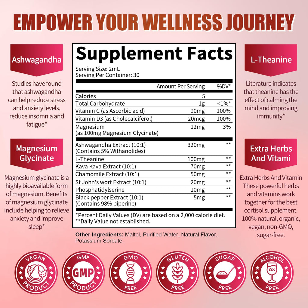 Cortisol Supplement Liquid Drops – 10-in-1 Hormone Balance for Women & Men (2 fl oz, Cranberry)