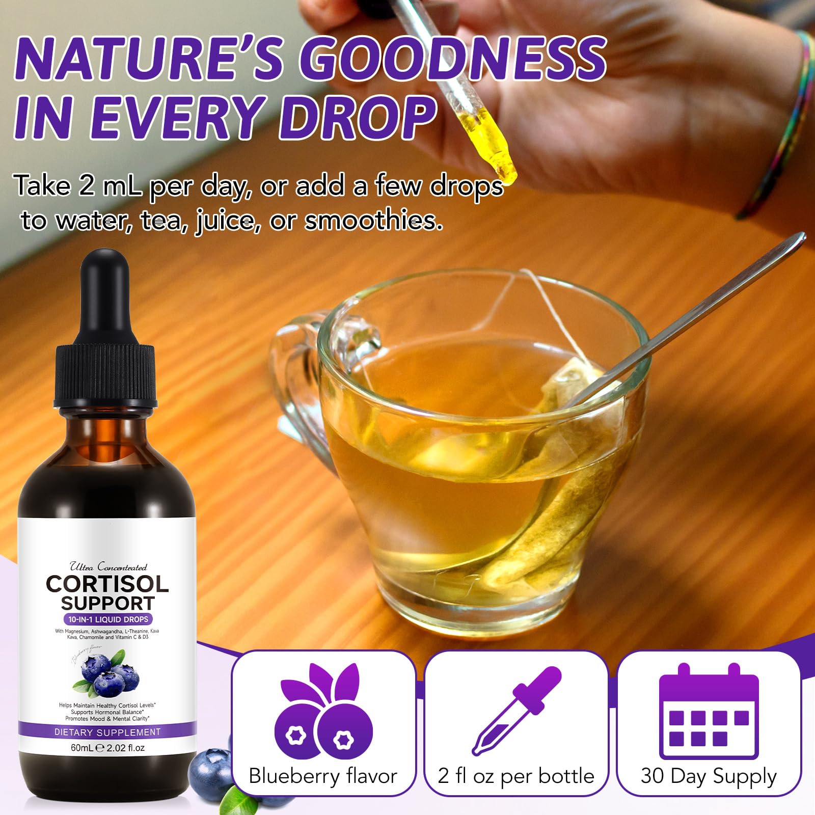 Cortisol Supplements for Women & Men | 10-in-1 Hormone Balance Drops (Blueberry)