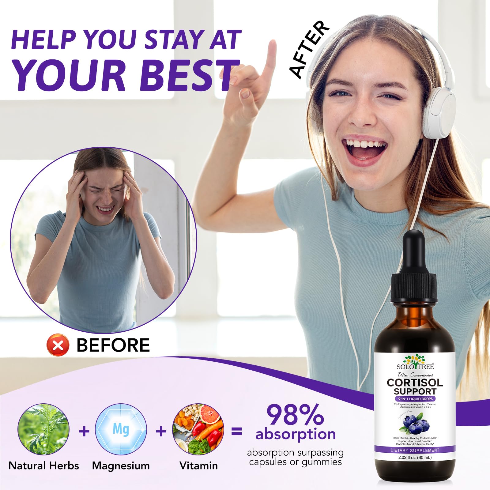 9-in-1 Cortisol Reducer Liquid Drops for Women & Men – Blueberry Flavor