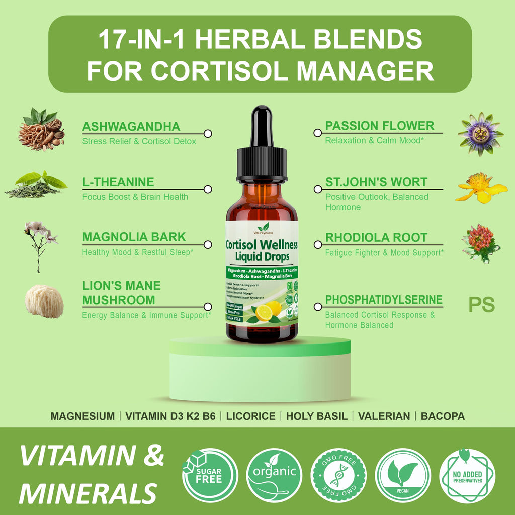 Cortisol Support Liquid Drops – 17-in-1 Detox with Magnesium Glycinate 400mg, Ashwagandha & L-Theanine – For Women