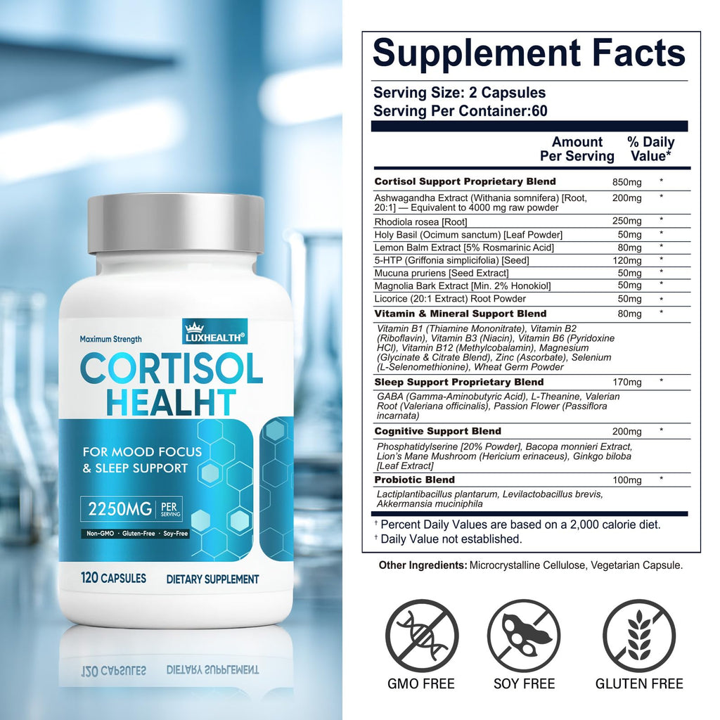 Cortisol Reducer for Women & Men - Ashwagandha, Magnesium, 120 Veg Capsules