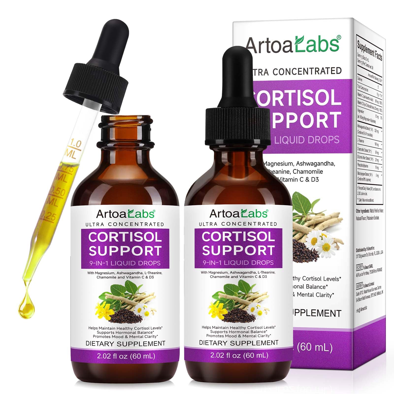Cortisol Reducer Liquid Drops – 10-in-1 Formula for Hormone Balance (60ml/2oz, Pack of 2)