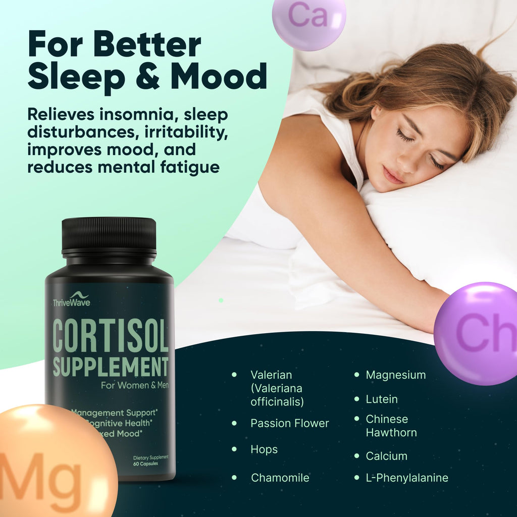 Cortisol Supplements for Women & Men – Stress & Mood Support | Bacopa Monnieri, Lemon Balm, Ashwagandha, 5-HTP, GABA, L-Theanine • 60 Capsules