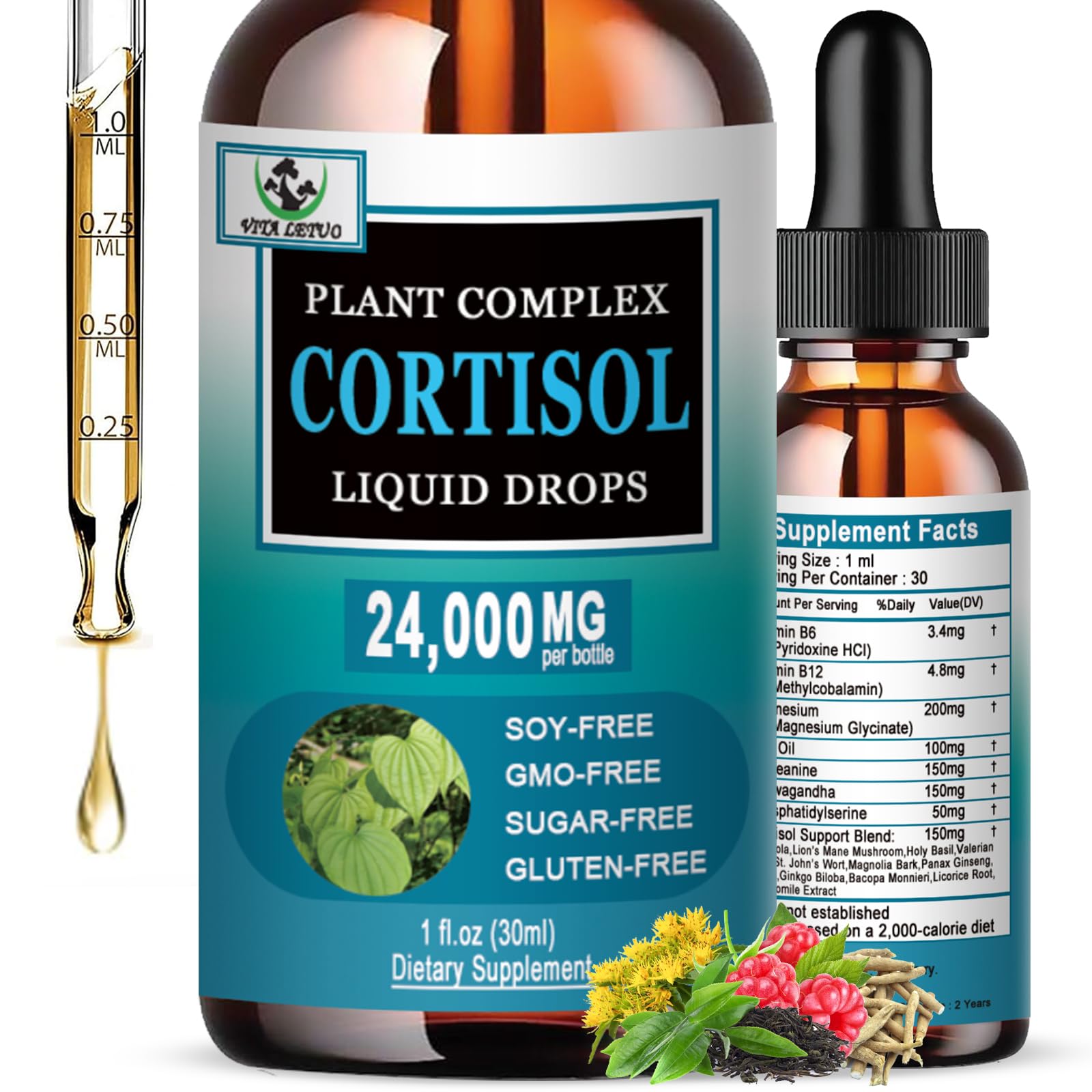 Cortisol Supplement for Women - 19-in-1 Liquid Drops with Ashwagandha, Magnesium, L-Theanine, Phosphatidylserine - High Absorption & Hormone Balance (Non-GMO)