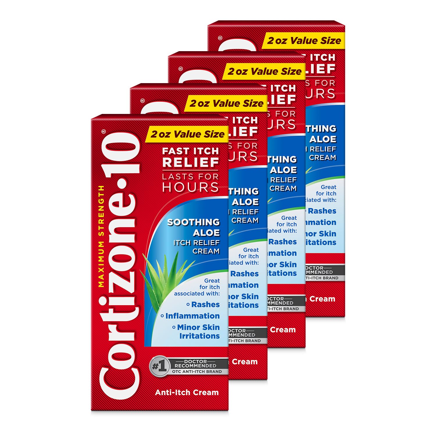 Cortizone-10 Maximum Strength Soothing Aloe Itch Relief Cream, 1% Hydrocortisone, 4 x 2 oz