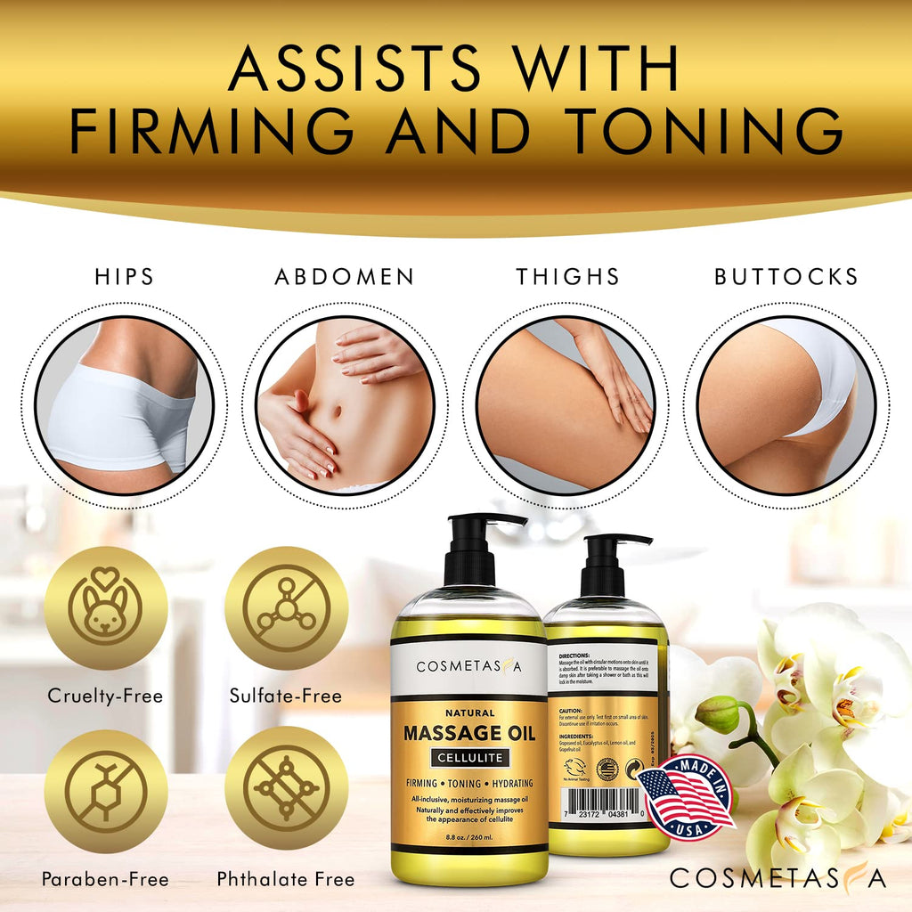 Cosmetasa Cellulite Massage Oil with Massager Mitt - 8.8 oz | Natural & Absorbent