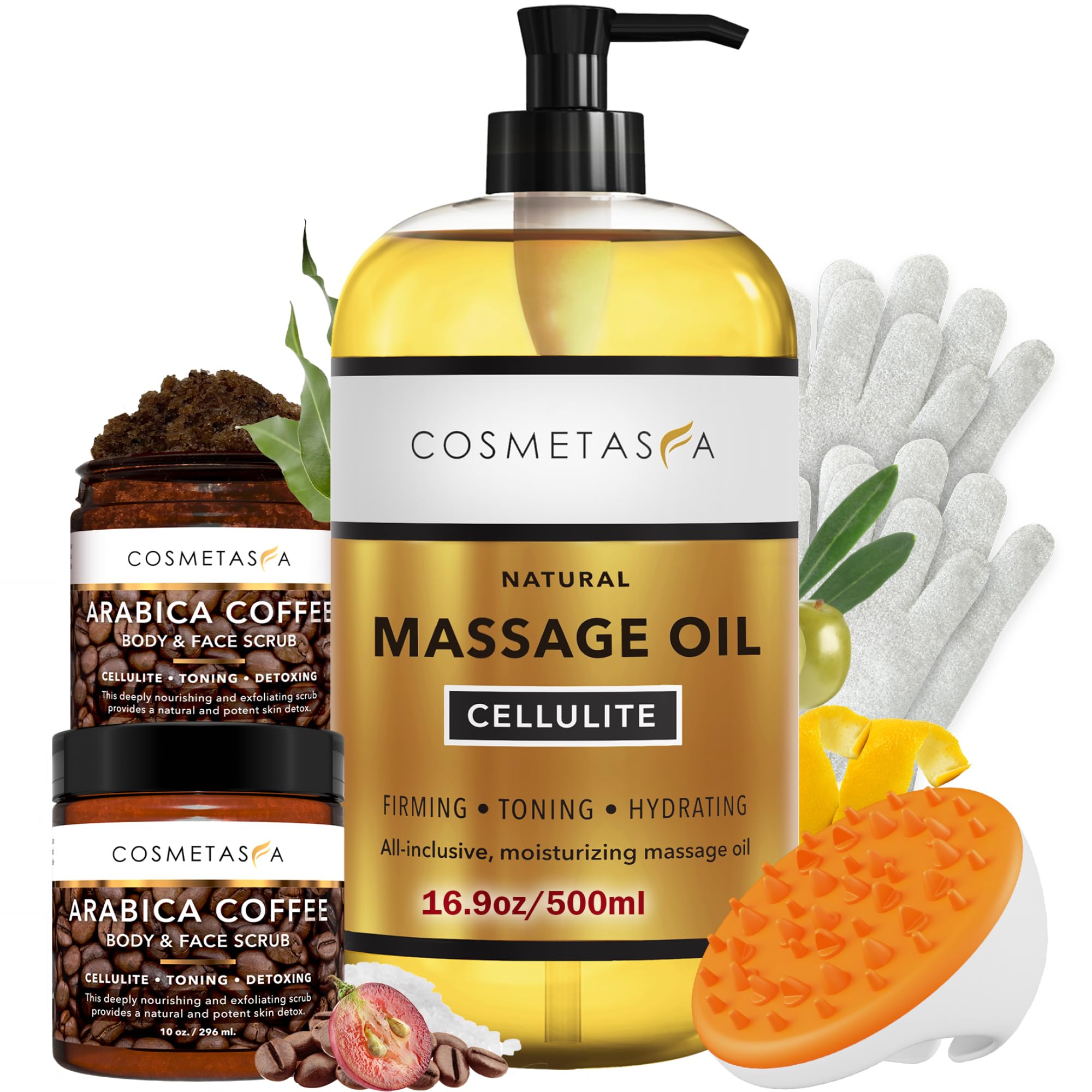 Cosmetasa Massage Oil Kit - Anti-Cellulite Spa Set with Coffee Scrub & Gloves