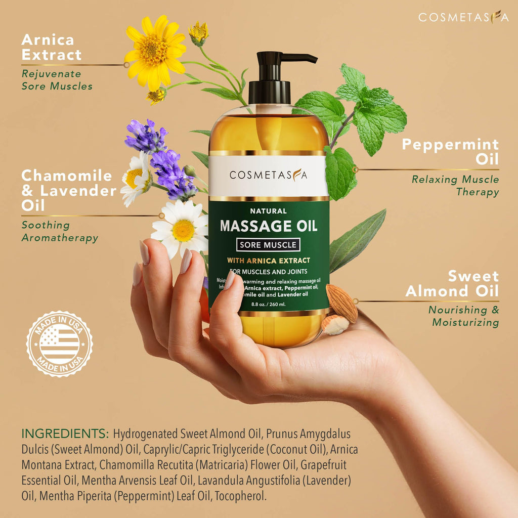Cosmetasa Massage Oil Set - Arnica & Peppermint Sore Muscle Relief, Cellulite & Lavender Body Massage Oils - Gua Sha Therapy