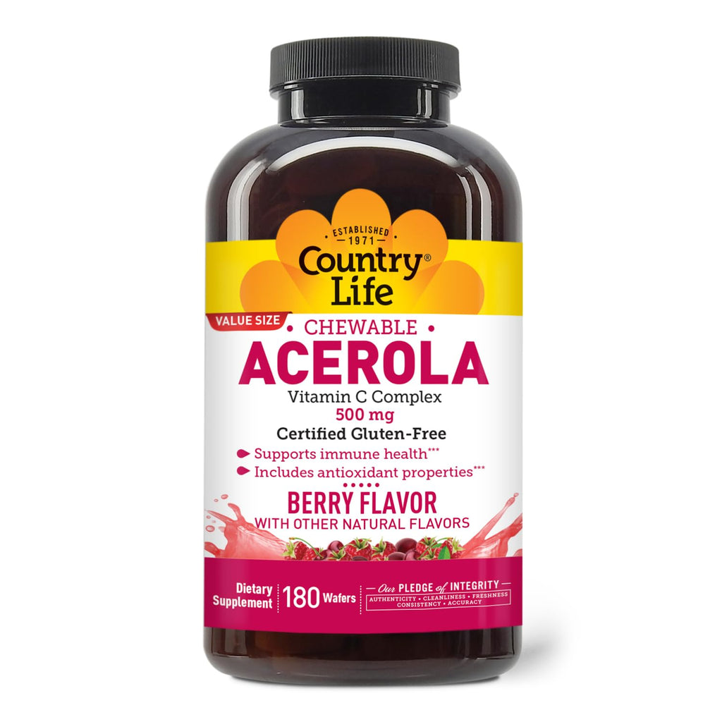 Country Life Acerola Vitamin C Complex - 500mg Berry Chewables for Immune Support, GFCO Gluten Free, AVA Vegan
