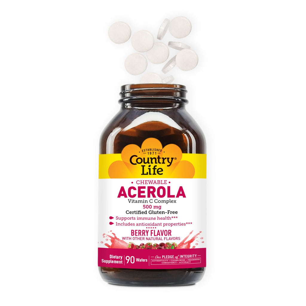 Country Life Acerola Vitamin C Complex – 500 mg Berry Chewables, 90 Wafers, GFCO & AVA
